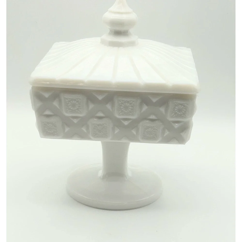 Vintage White Milk Glass Pedestal Candy‎ Dish with Lid Square Geometric Pattern